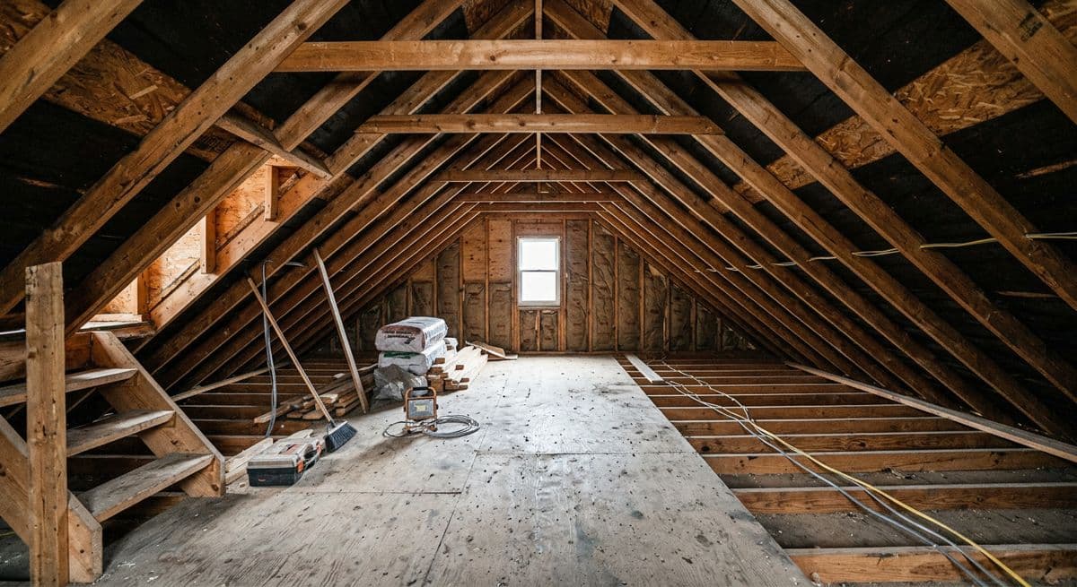 Before: bare attic with exposed rafters, open floor joists and loose wiring