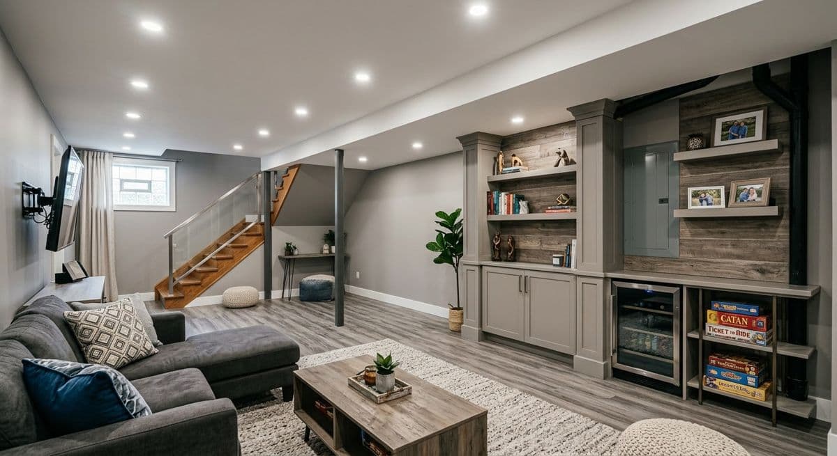 After: the same basement finished as a family room with built-in shelves, recessed lights and a sectional