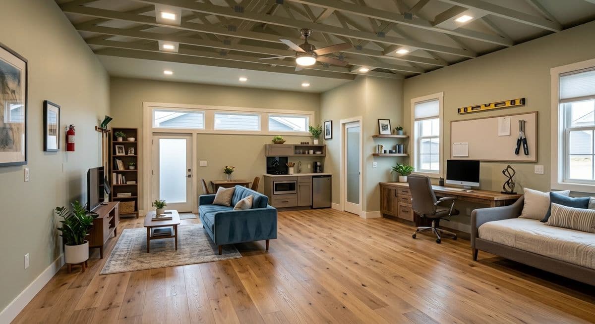 After: the same garage converted into a living room and home office with windows instead of the door