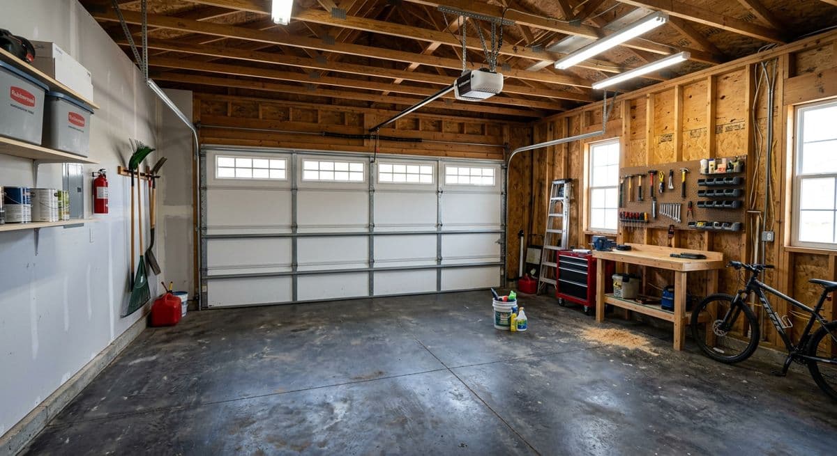 Before: single garage with open stud walls, workbench and garage door
