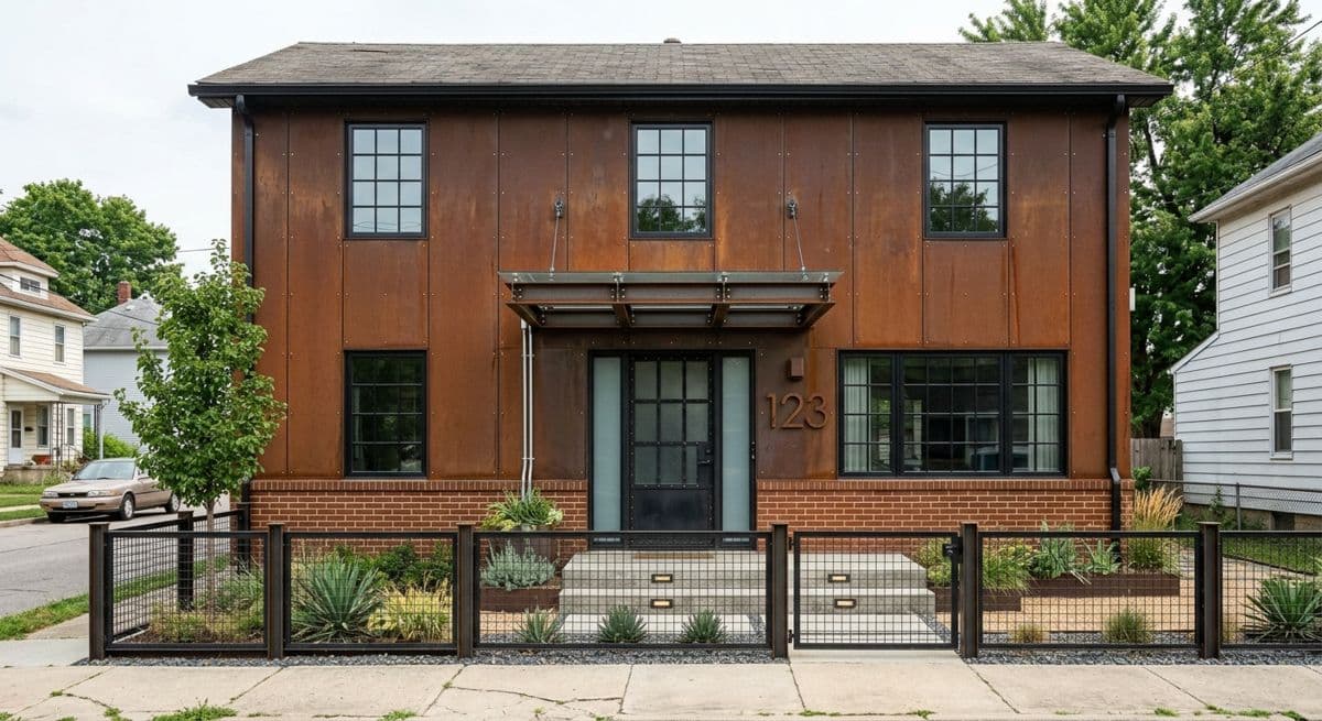 After: the same house re-clad in rust-coloured metal panels with black windows and a new front fence