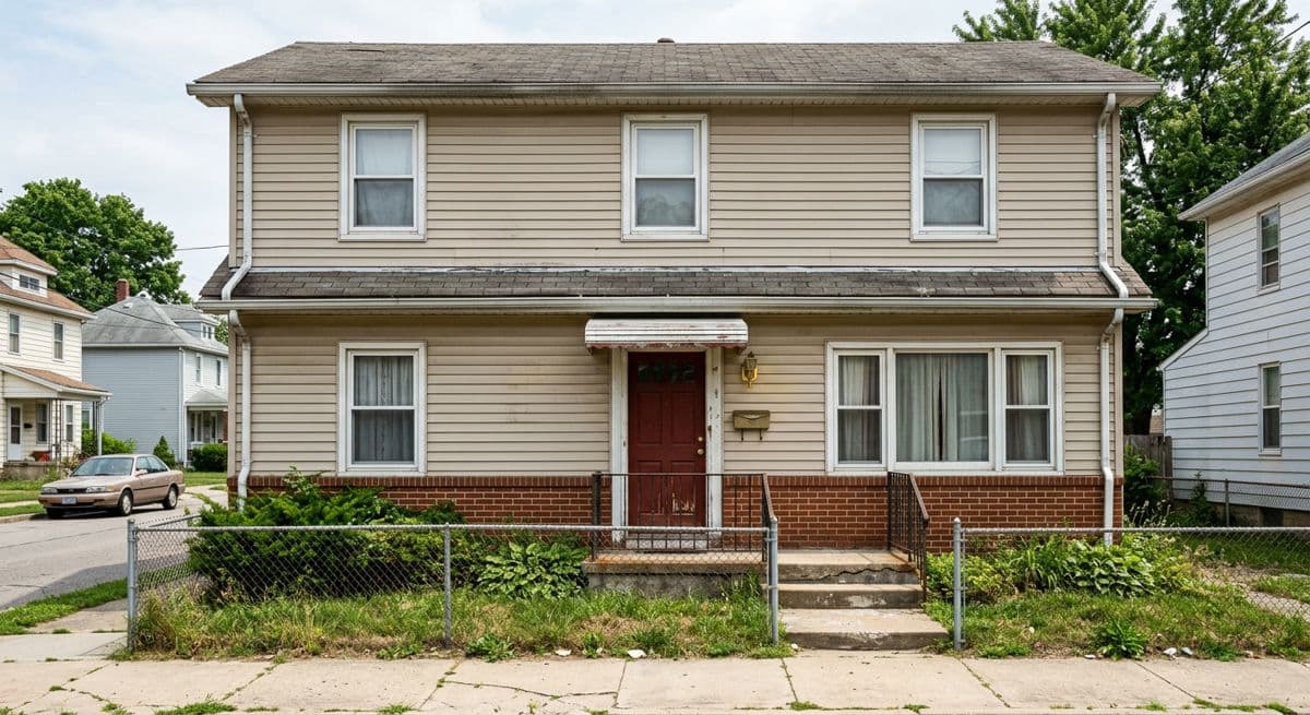 Before: plain two-storey house with beige vinyl siding and a chain-link fence