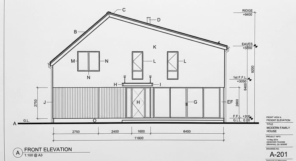 Alzado frontal 2D de una vivienda unifamiliar moderna de dos plantas