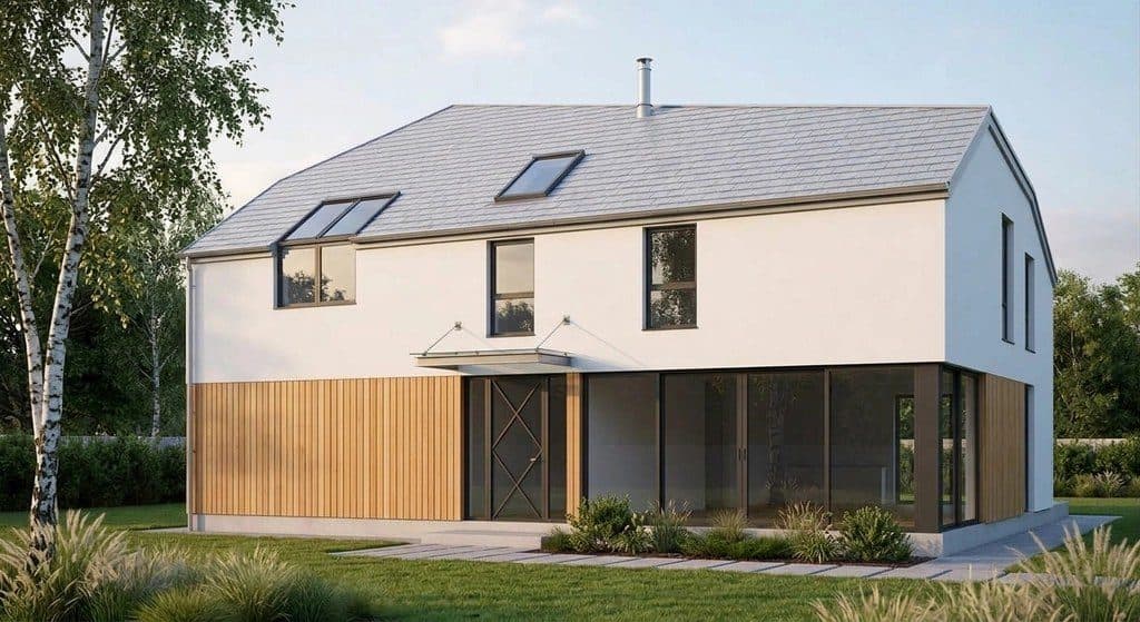 Render exterior fotorrealista generado a partir del alzado