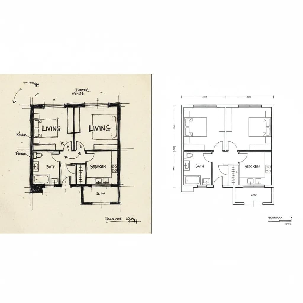 Hand-drawn floor plan sketch turned into a clean floor plan drawing by AI