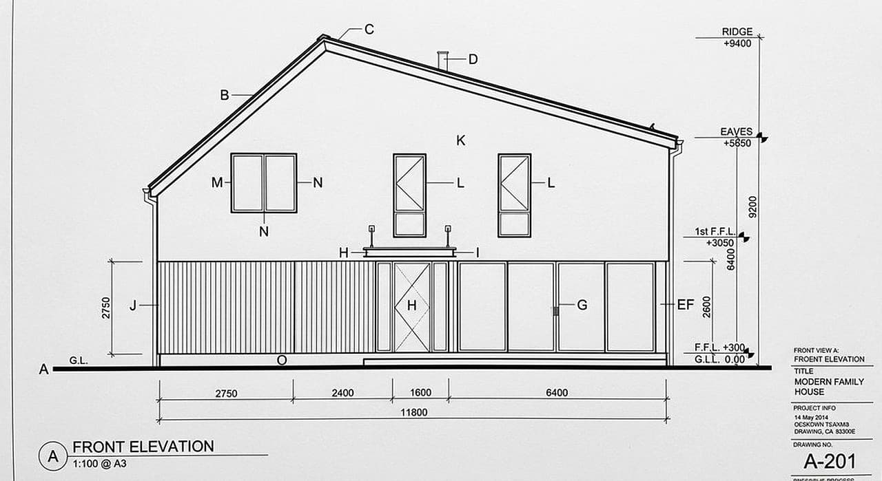 2D front elevation drawing of a two-storey modern family house