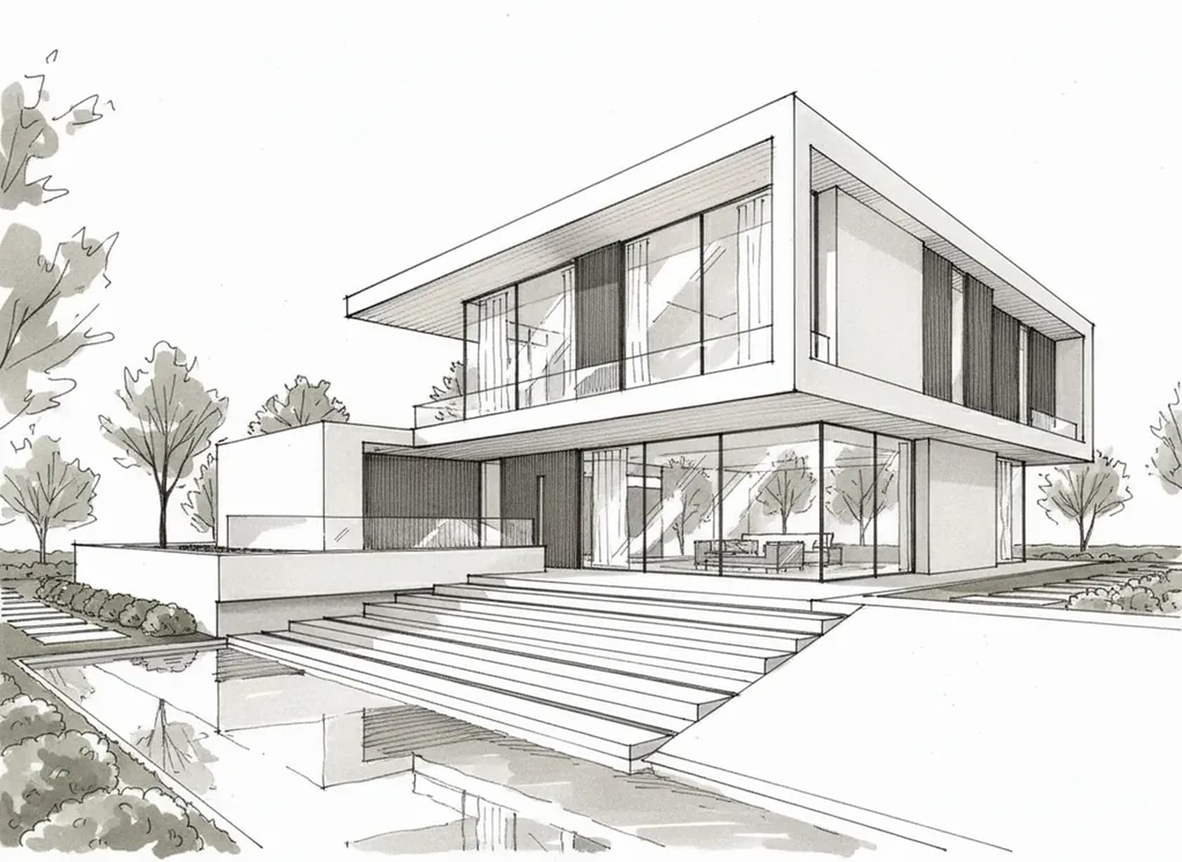 Hand perspective sketch of a modern two-storey house with a reflecting pool