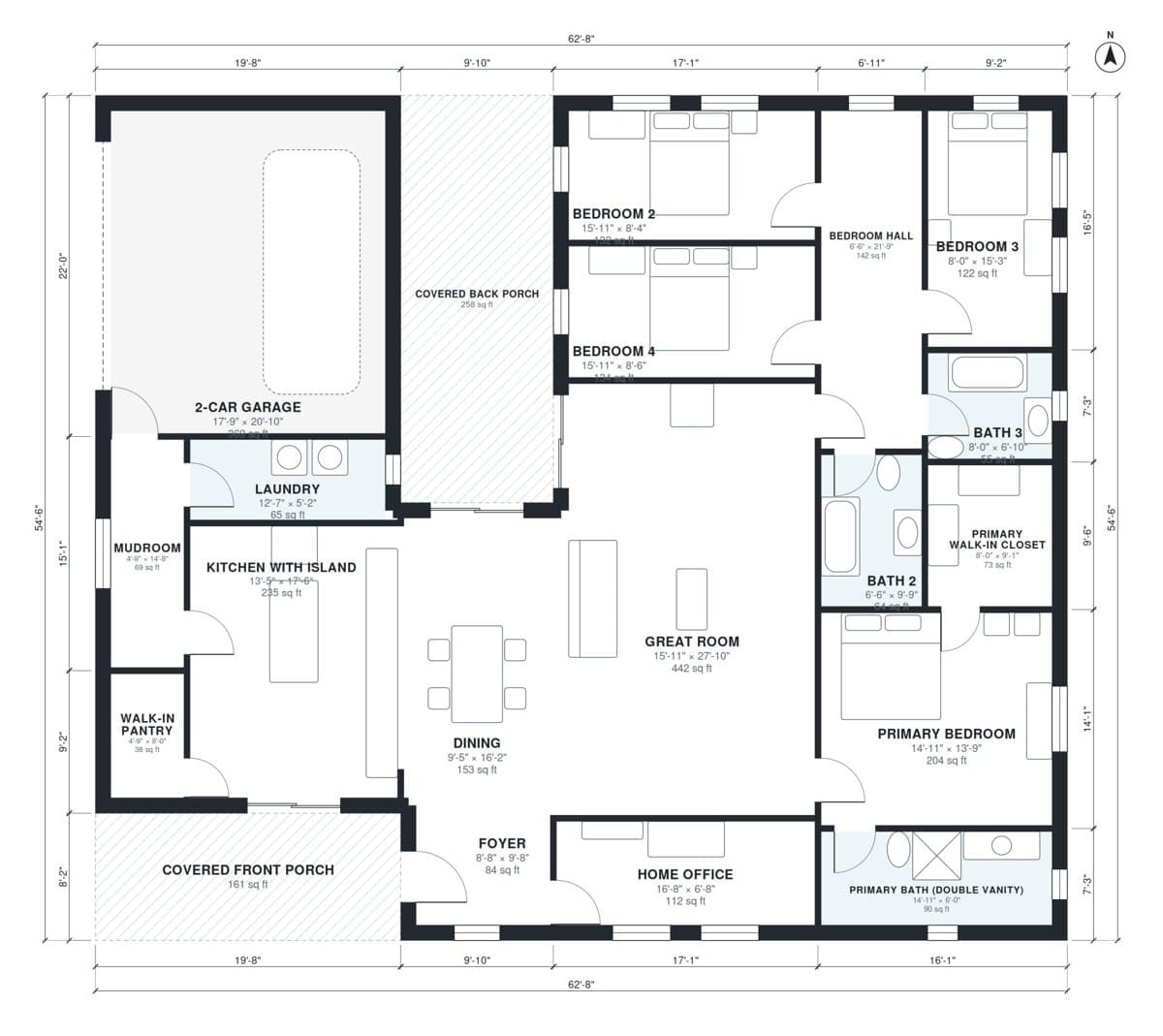 Dimensioned 4-bedroom farmhouse floor plan designed in Plan Chat