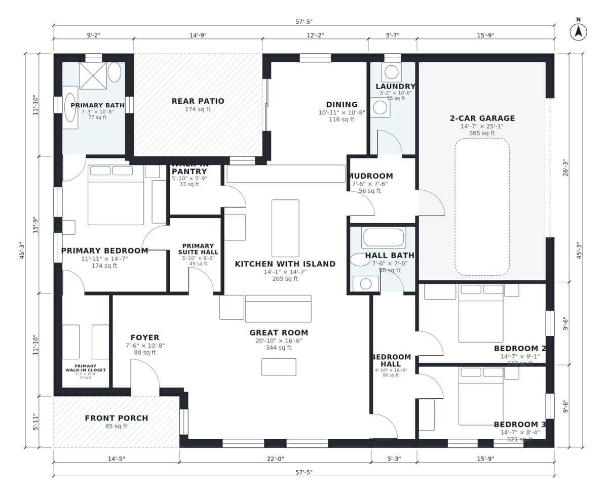 Dimensioned floor plan of a 3-bedroom single-story modern ranch with room sizes, designed by AI from one sentence