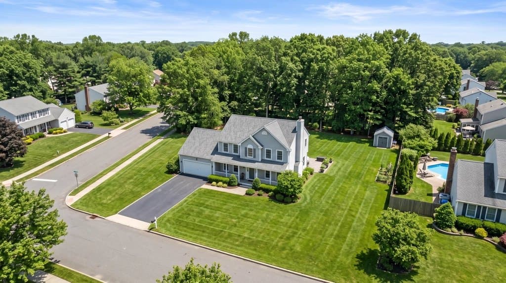 Oblique drone photo of a gray two-storey house on a suburban lot, no boundary lines