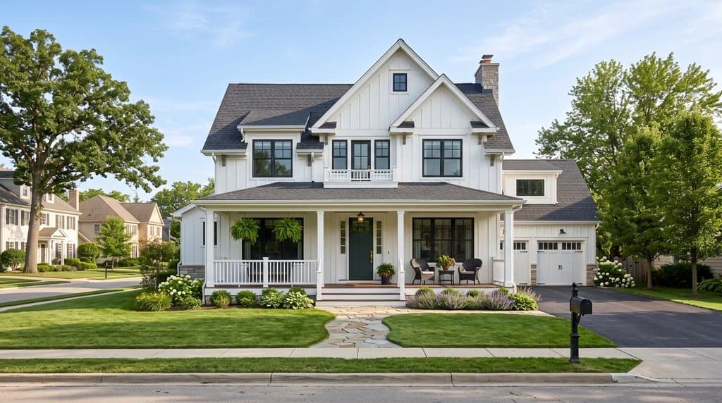 Front exterior of a white farmhouse-style home in daylight