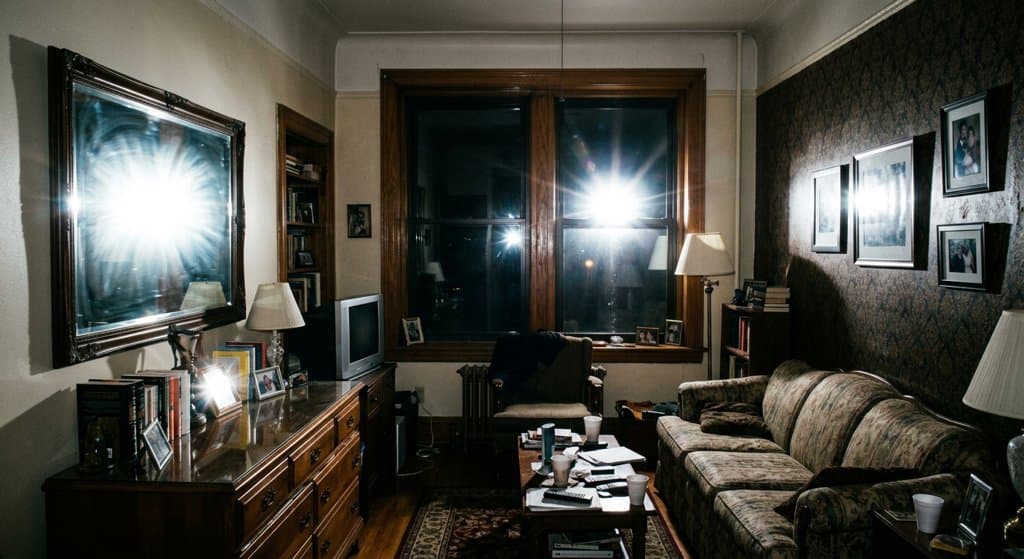 Night interior photo with harsh camera flash glare in the mirror and window
