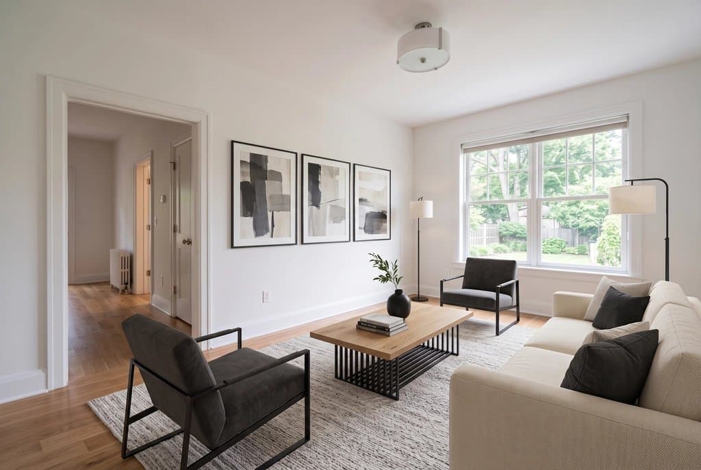 The same living room virtually staged in the modern gallery style
