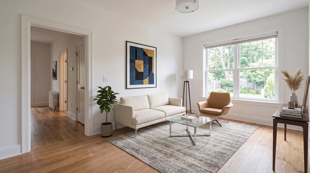 Empty living room virtually staged with modern furniture by AI