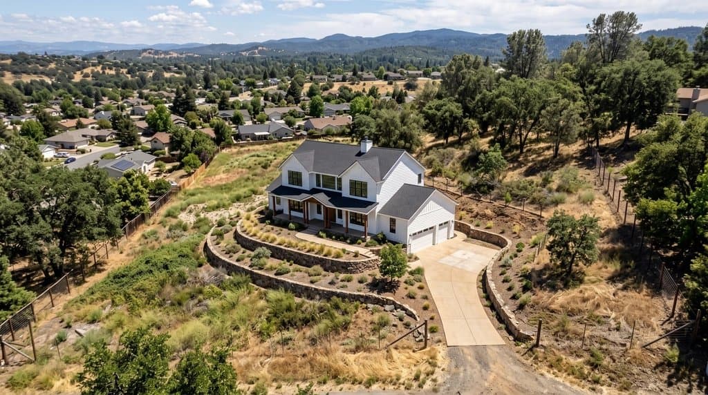 AI-placed farmhouse on a sloped vacant lot