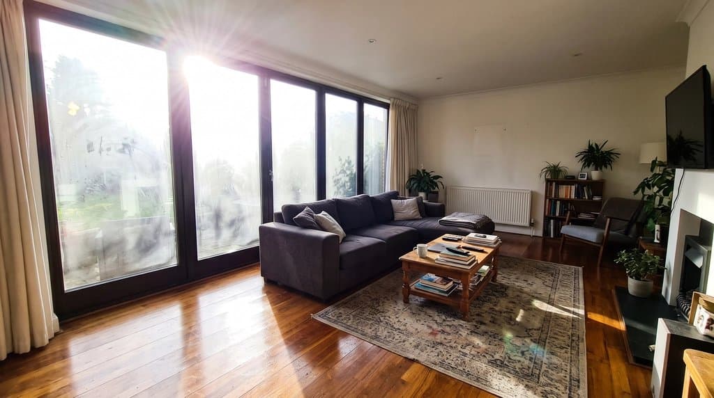 Furnished living room with blown-out sliding windows and sun glare