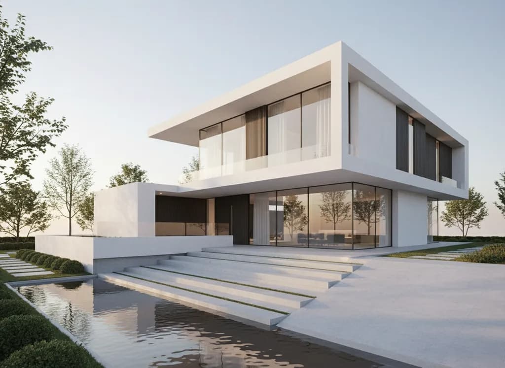 Render fotorrealista de la misma casa con la misma geometría, materiales y luz de atardecer