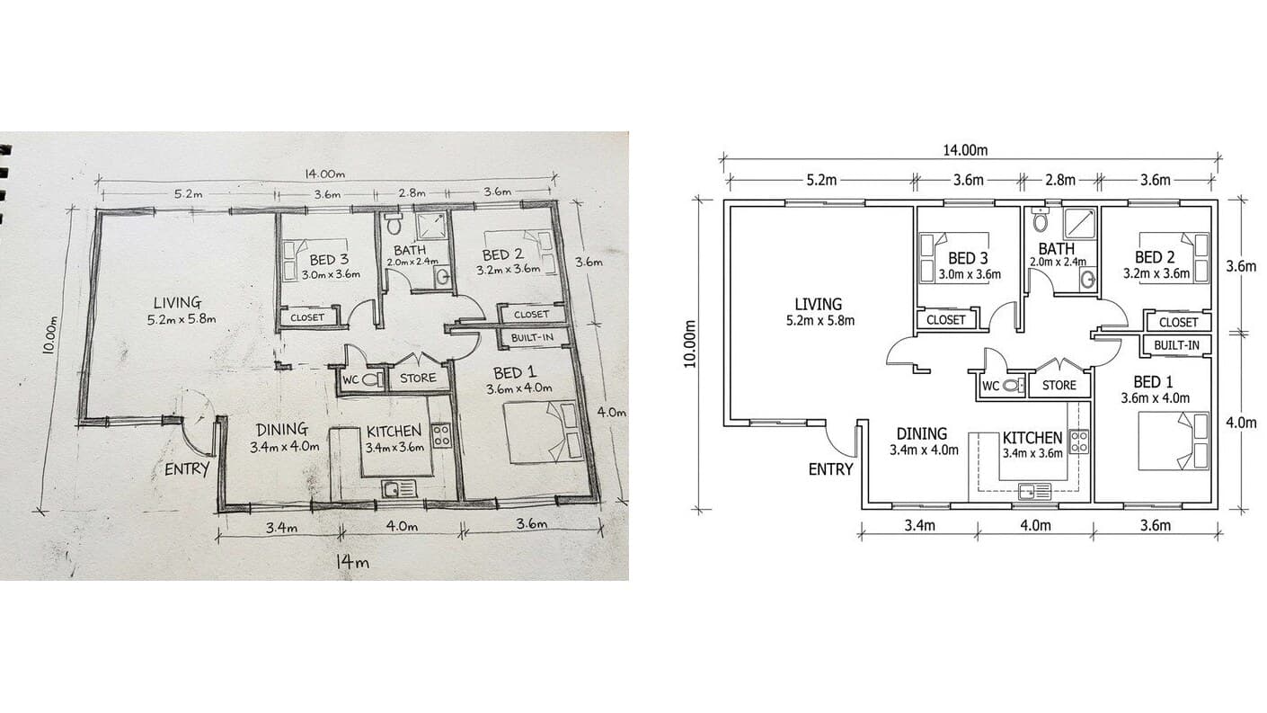 Hand-drawn floor plan sketch with metric room sizes (left) and the same plan redrawn clean with its labels and dimensions (right)