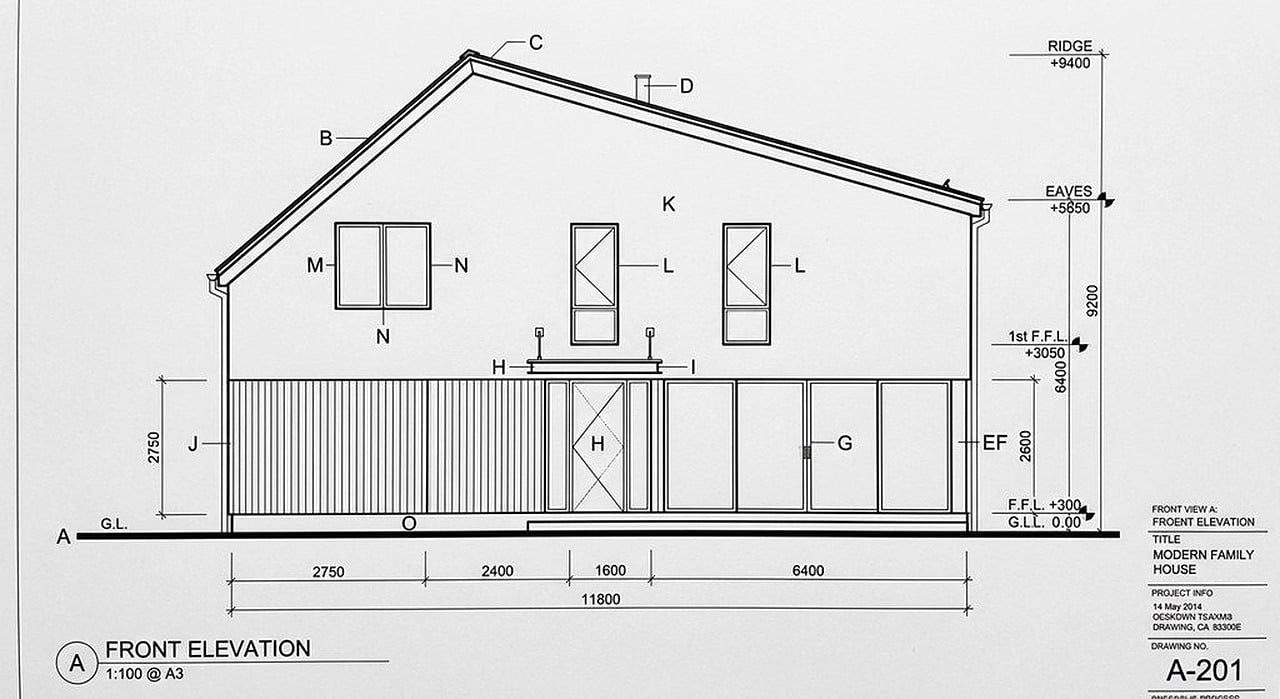 2D front elevation drawing of a two-storey house