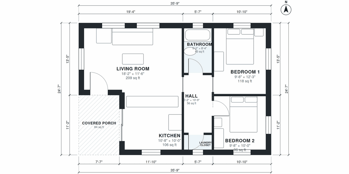 Measured 2-bedroom ADU floor plan from Plan Chat: living room, two bedrooms, kitchen, bathroom, hall and covered porch with room names, room sizes and wall dimensions