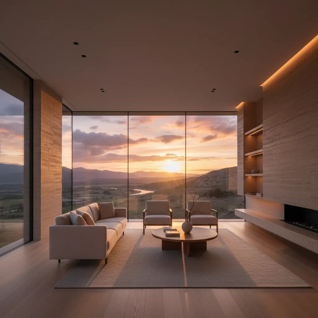 Photoreal architectural render showcasing lighting and material presets