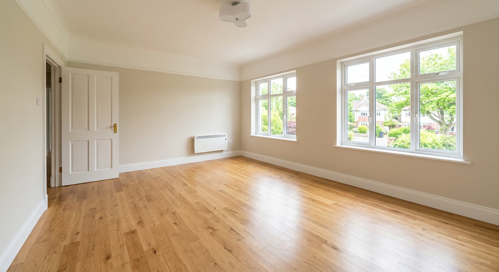 Before: empty room with bare floor and white walls