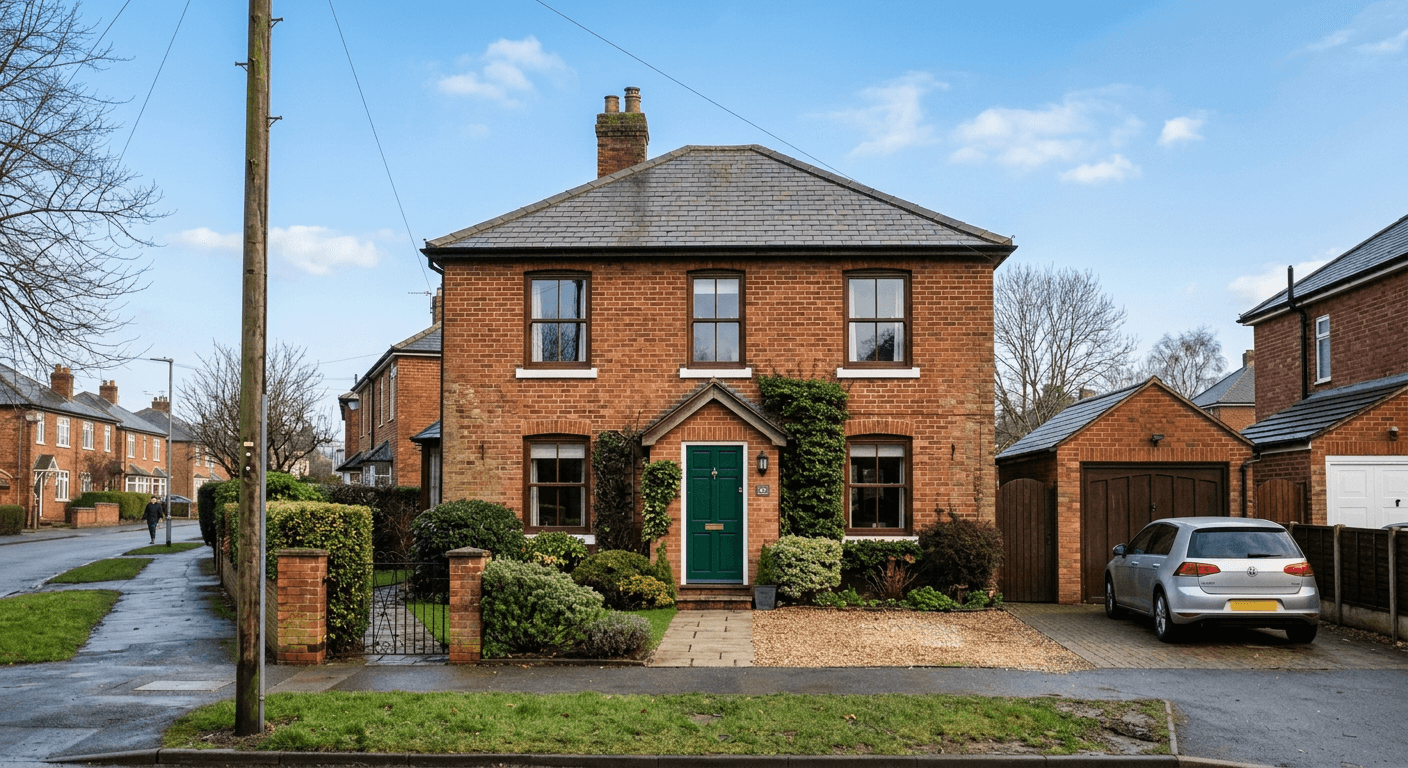 The same property exterior transformed by AI-Architectures with a vibrant blue sky, natural sunlight, and accurate environmental lighting reflections.