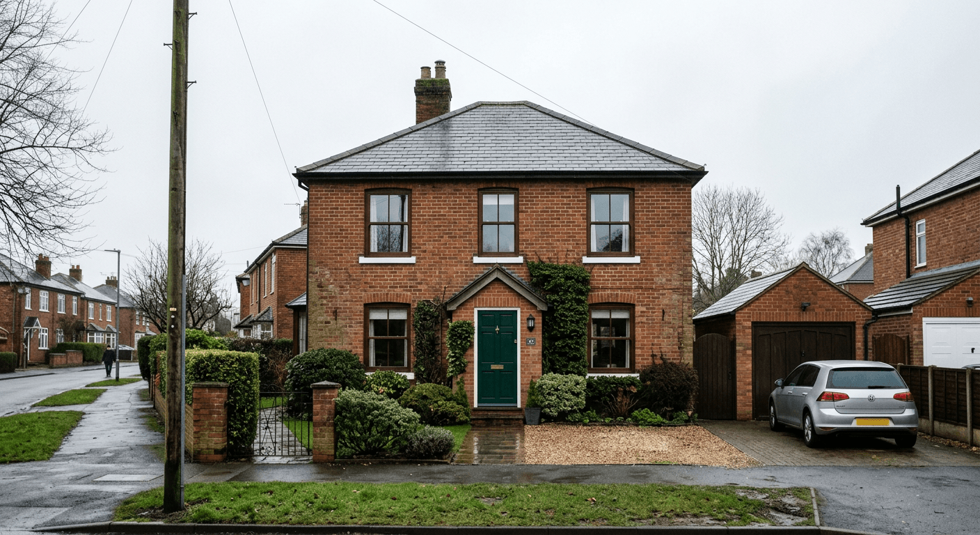 A gloomy, overcast property exterior taken on a rainy day, showing a grey sky and dull lighting.