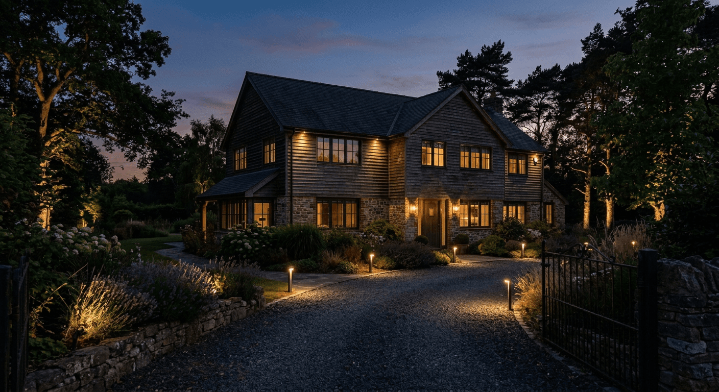 Evening property photo enhanced with AI-generated virtual landscape lighting and exterior fixtures