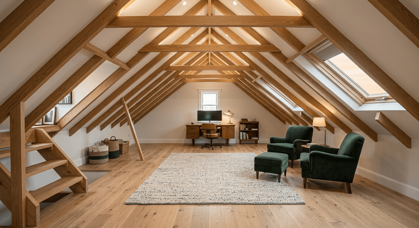 Beautifully finished attic space featuring a large dormer window, modern flooring, white walls, and elegant architectural design