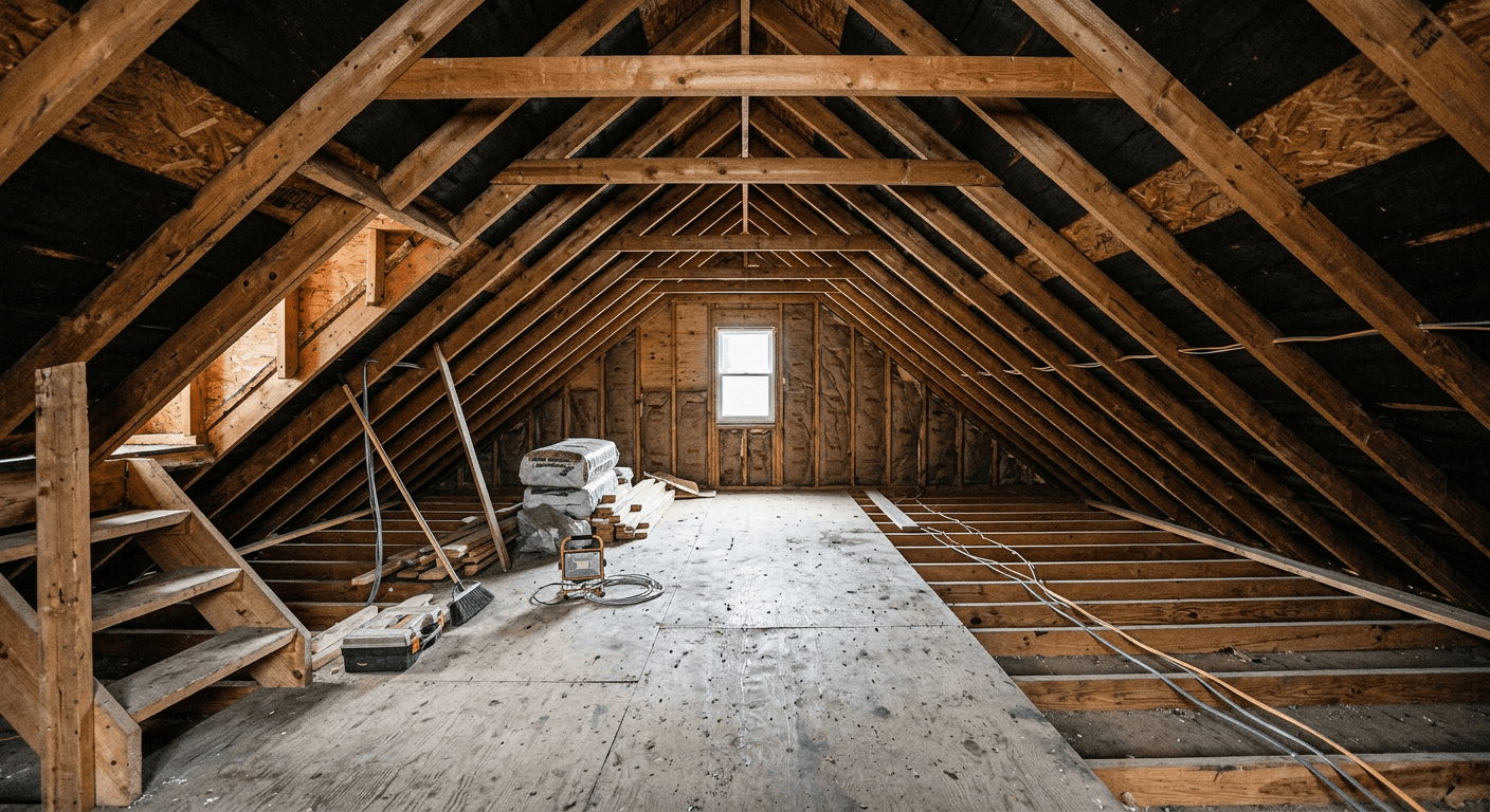 Unfinished attic space with exposed wooden beams, insulation, and poor lighting before architectural visualization