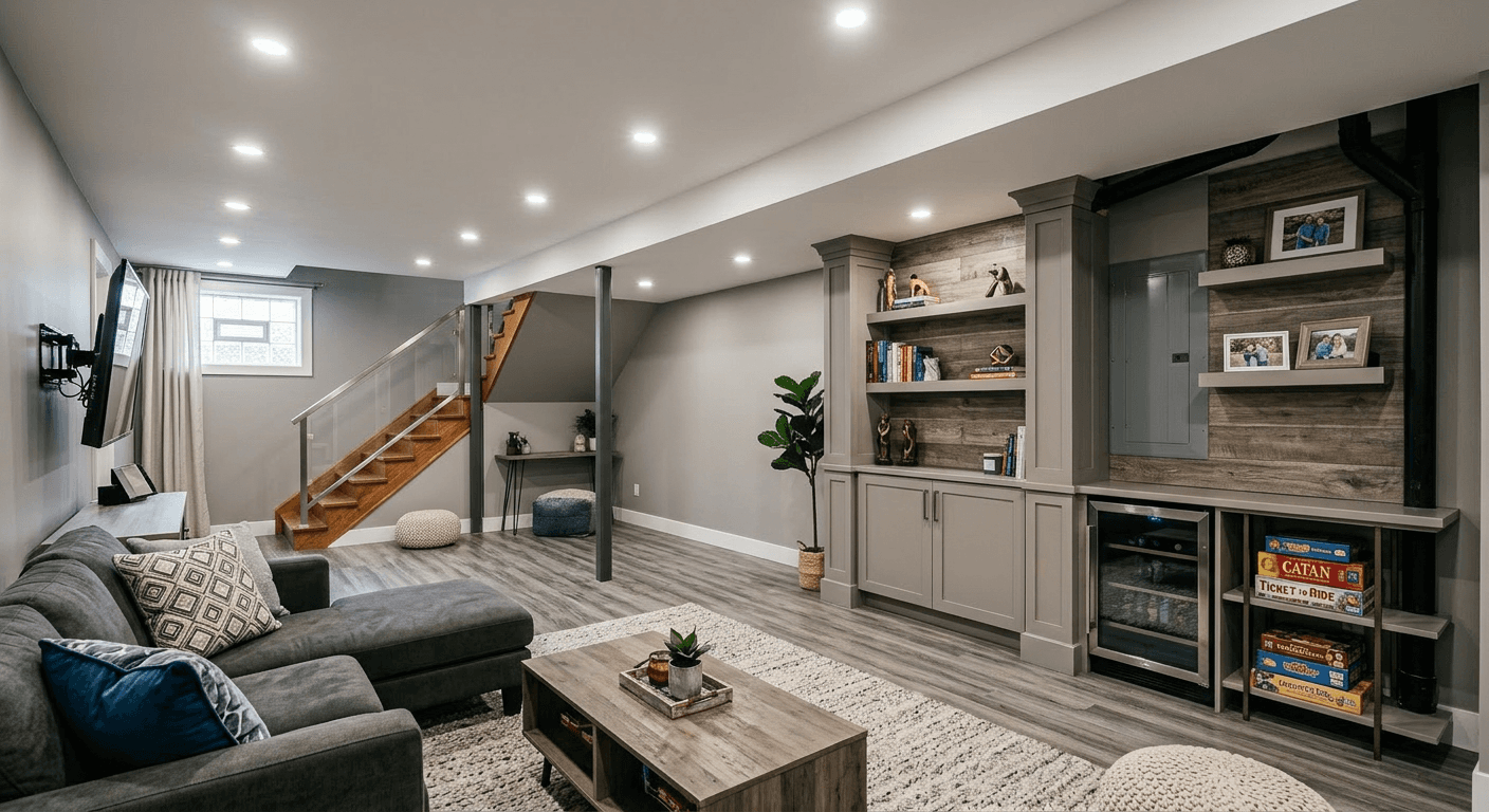 AI Rendered See your unfinished basement transformed into livable space. Visualize drywall, flooring, lighting, and furnishings.