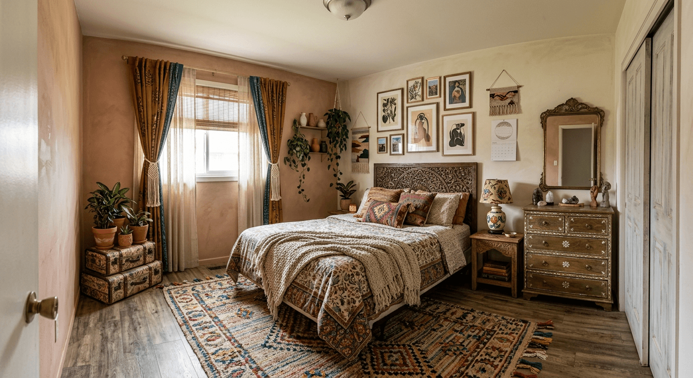 Beautiful Bohemian bedroom transformed by AI-Architectures