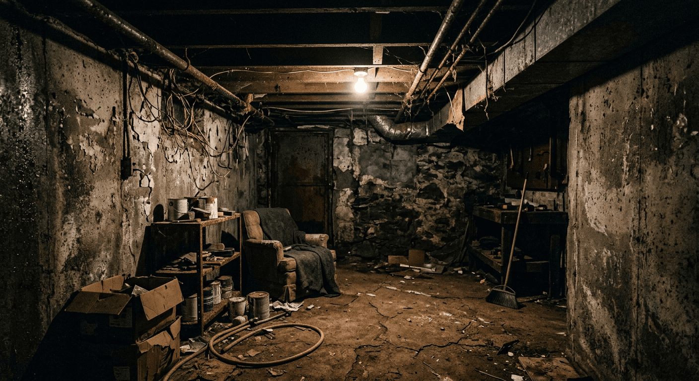 Dark, uninviting basement space lacking proper lighting and architectural vision