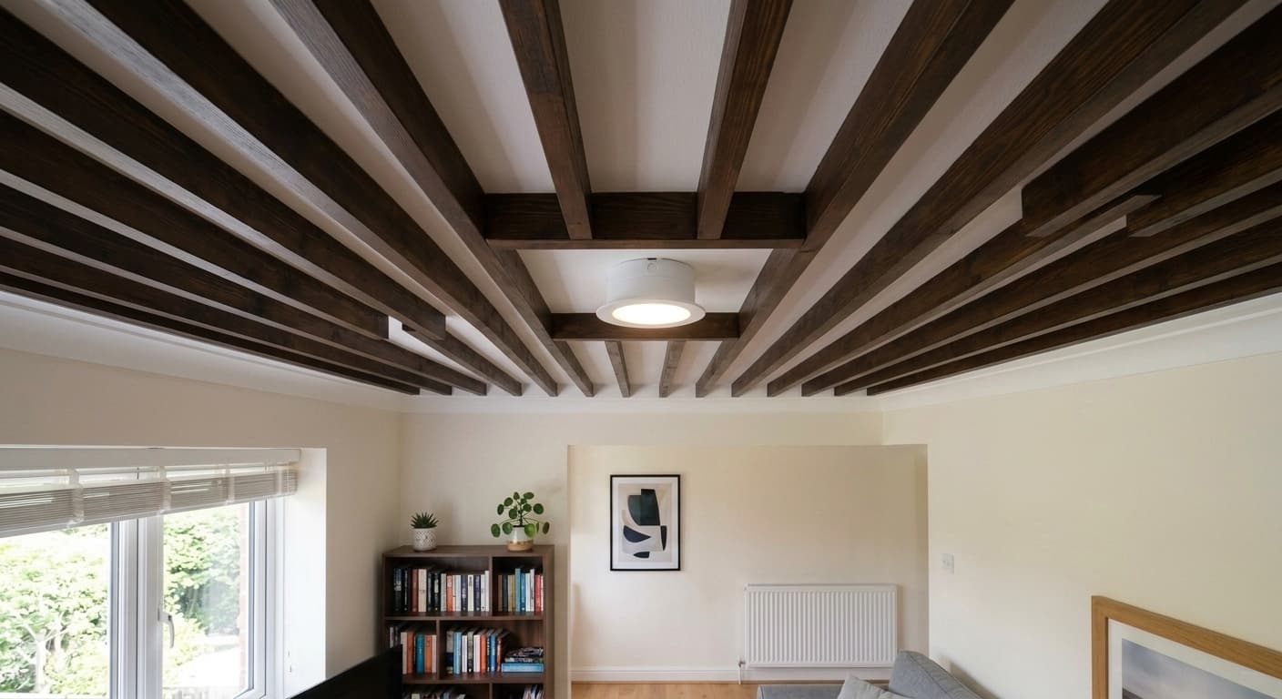 The same ceiling transformed by the addition of rich, dark faux wood exposed beams and architectural trusses.