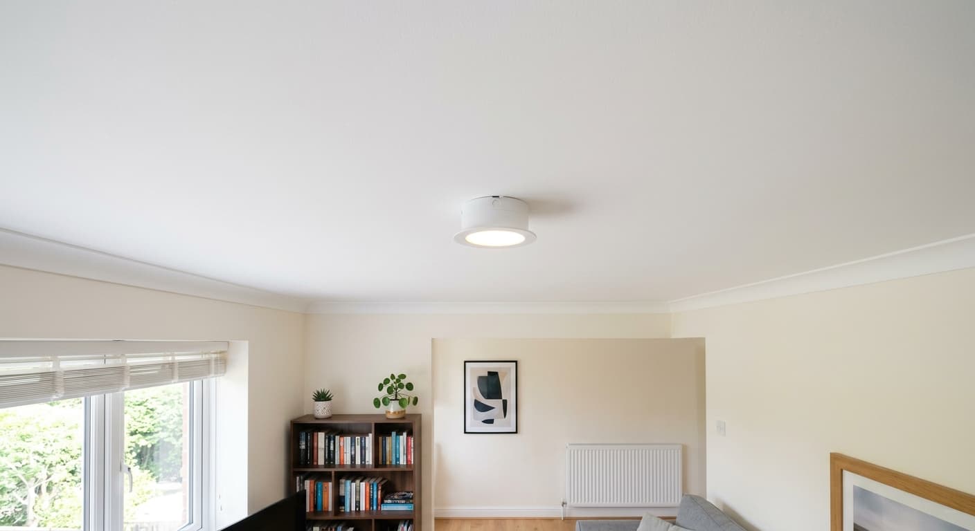 A plain, standard white vaulted ceiling before adding exposed architectural beams.