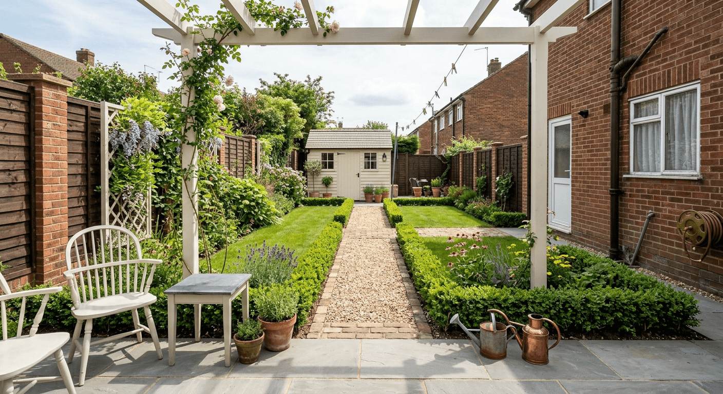 A beautifully structured Colonial style garden generated by AI, featuring symmetrical brick paths and classic topiary