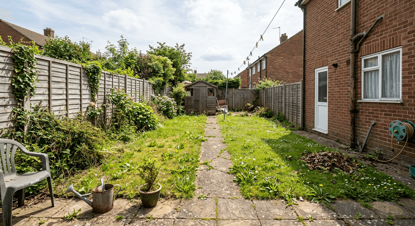 A raw, unorganized backyard garden space before AI architectural redesign