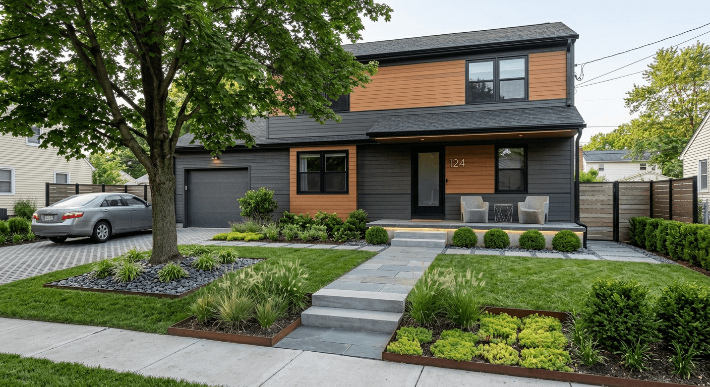 AI Rendered Plan your front yard remodel in Contemporary style.