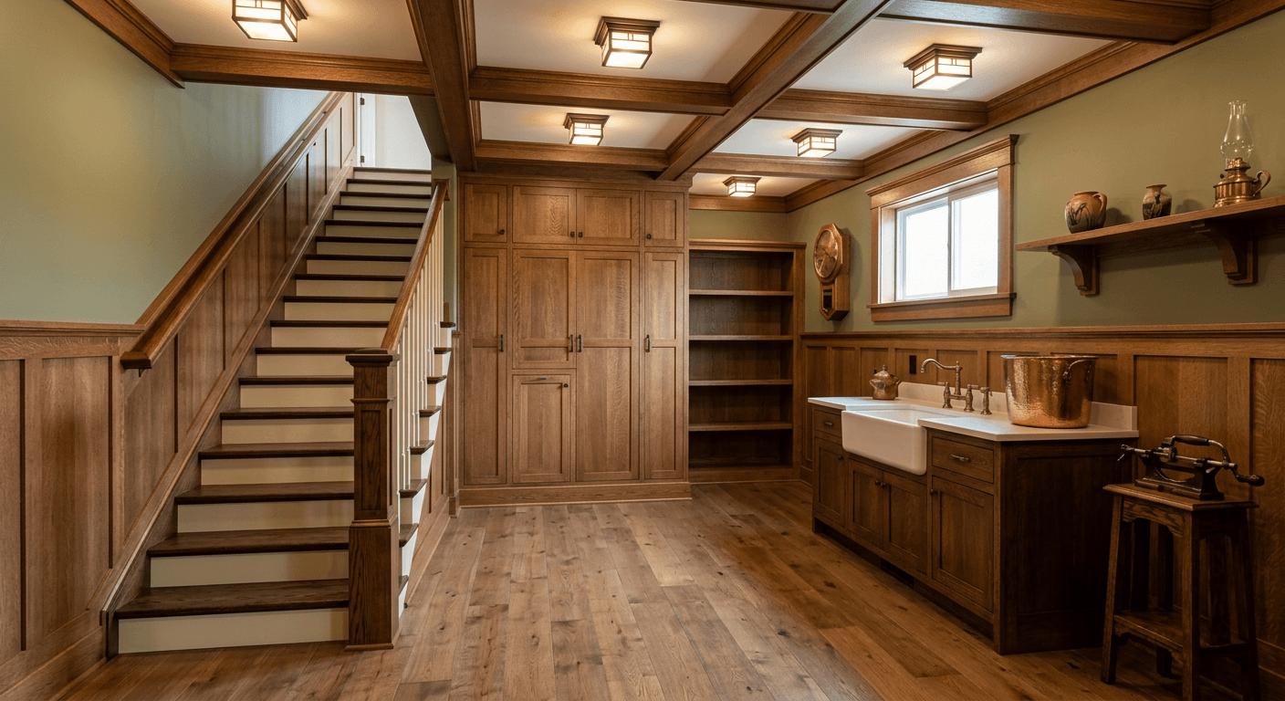 A stunning AI-generated Craftsman style basement featuring rich wood paneling, boxed ceiling beams, a stone fireplace, and warm ambient lighting.