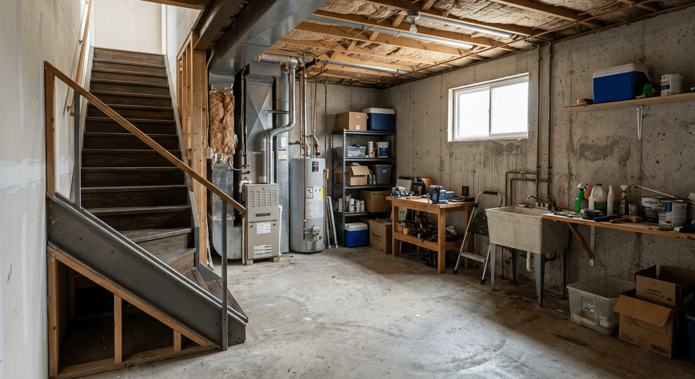 An unfinished concrete basement with exposed framing, HVAC ducts, and raw concrete floors before an AI-generated architectural redesign.