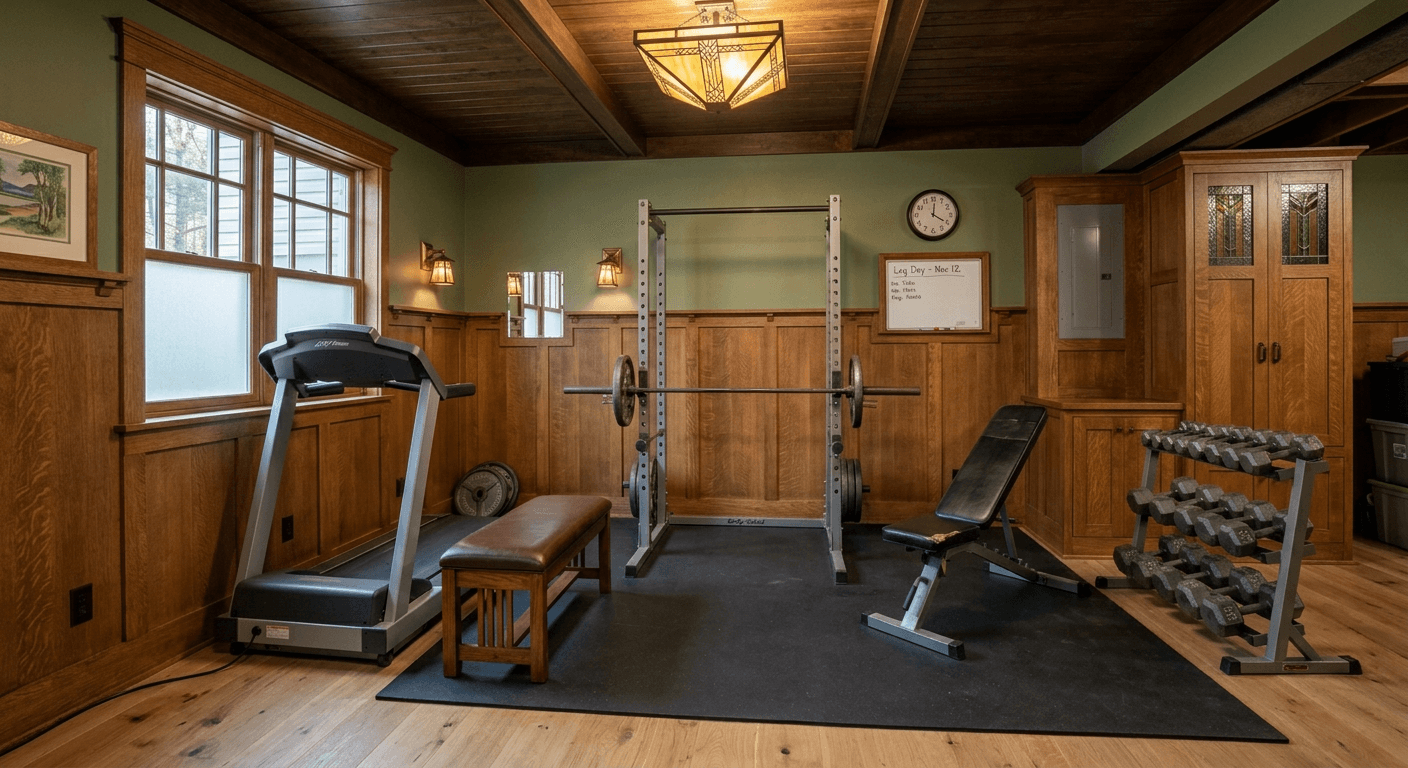 A beautiful Craftsman style home gym designed by AI, featuring rich wood tones, built-in storage, and natural lighting.