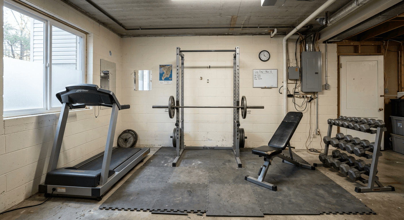 A plain, uninspired room before being transformed into a Craftsman home gym by AI.