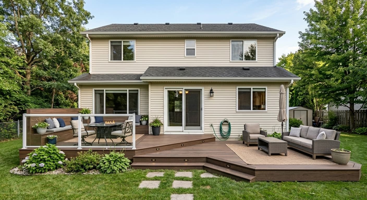 Back of a home after a newly designed deck addition visualized by AI