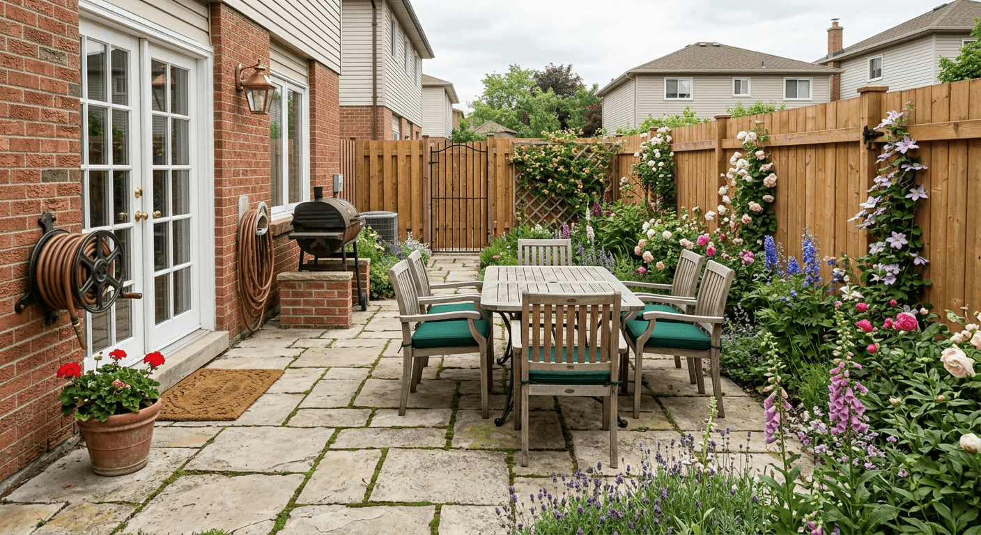 AI generated visualization of a lush English cottage garden patio with weathered brick, rich plantings, and cozy seating.