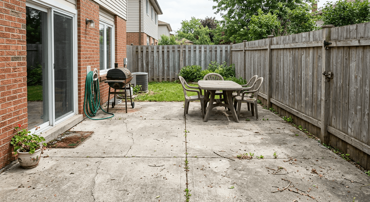 A barren, standard patio space before any landscape architectural intervention.