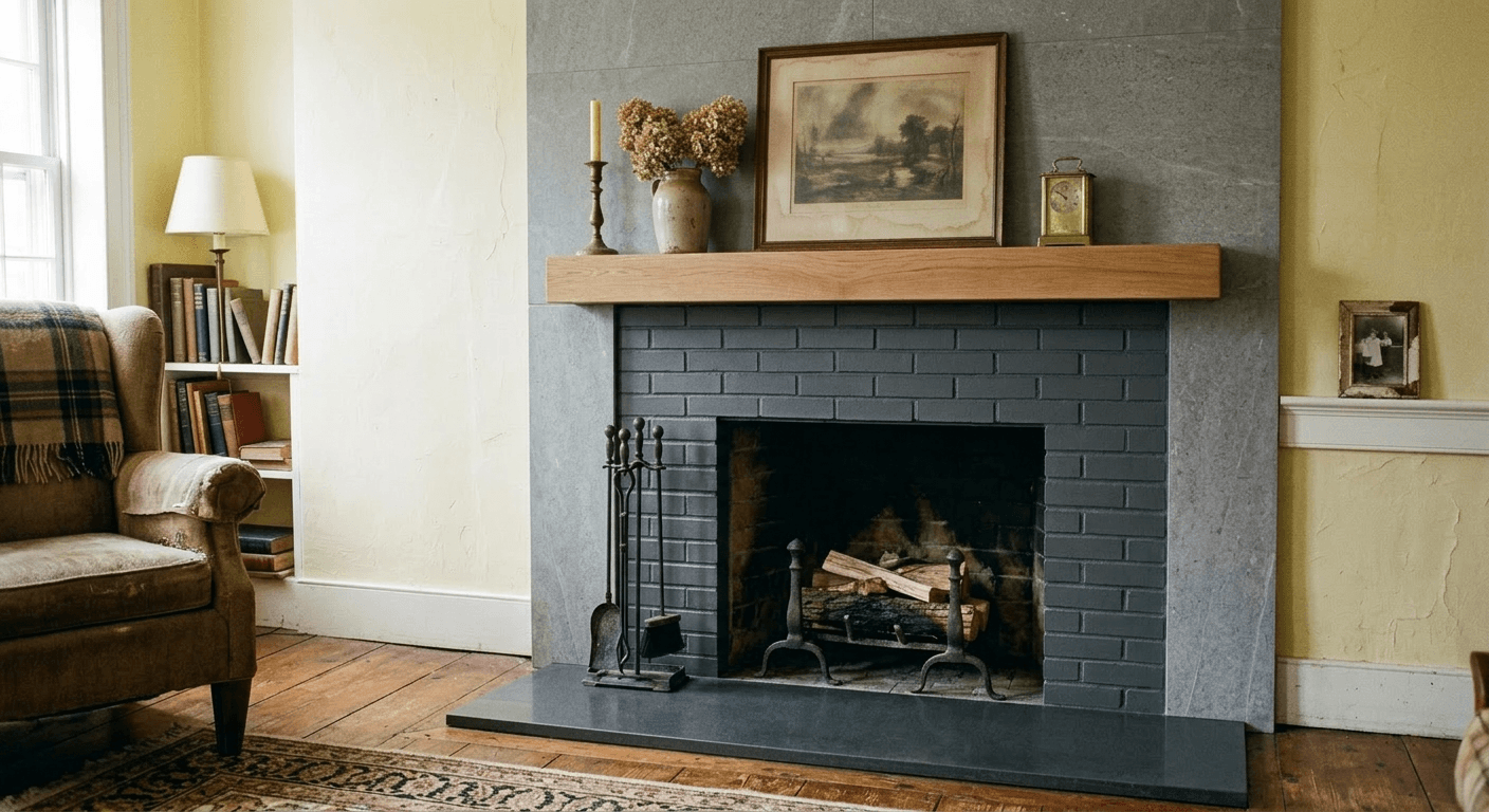 AI Rendered Transform a dated fireplace surround into a stunning focal point. Stone, tile, shiplap, or modern mantel designs.