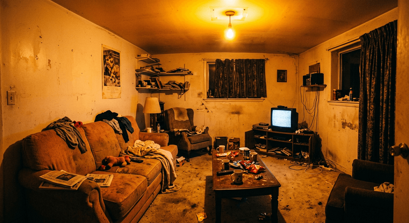 Real estate interior photo with strong warm yellow lighting cast