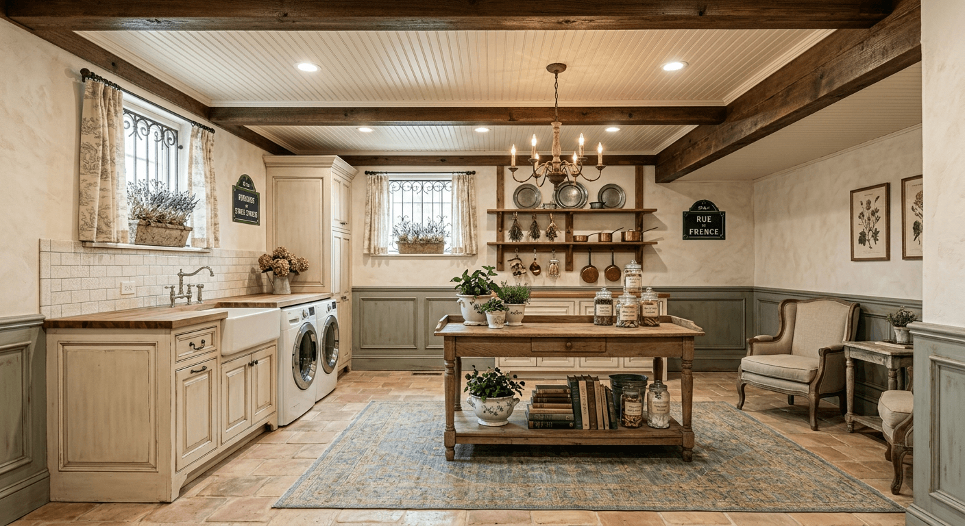 A beautifully remodeled basement in French Country style featuring rustic wood beams, elegant lighting, and warm creamy tones.