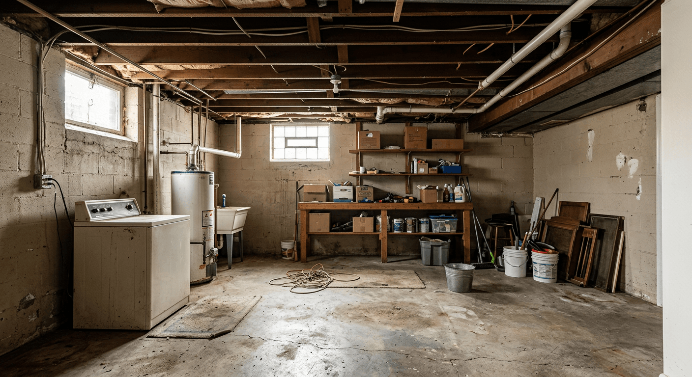 A dark, unfinished basement with concrete floors and exposed stud framing before the French Country remodel.